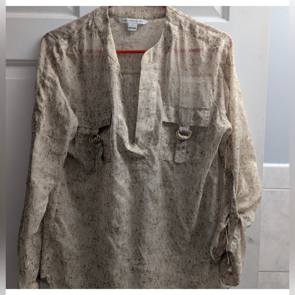 Diane Von Furstenberg Cream and Brown Printed Long-Sleeve Blouse